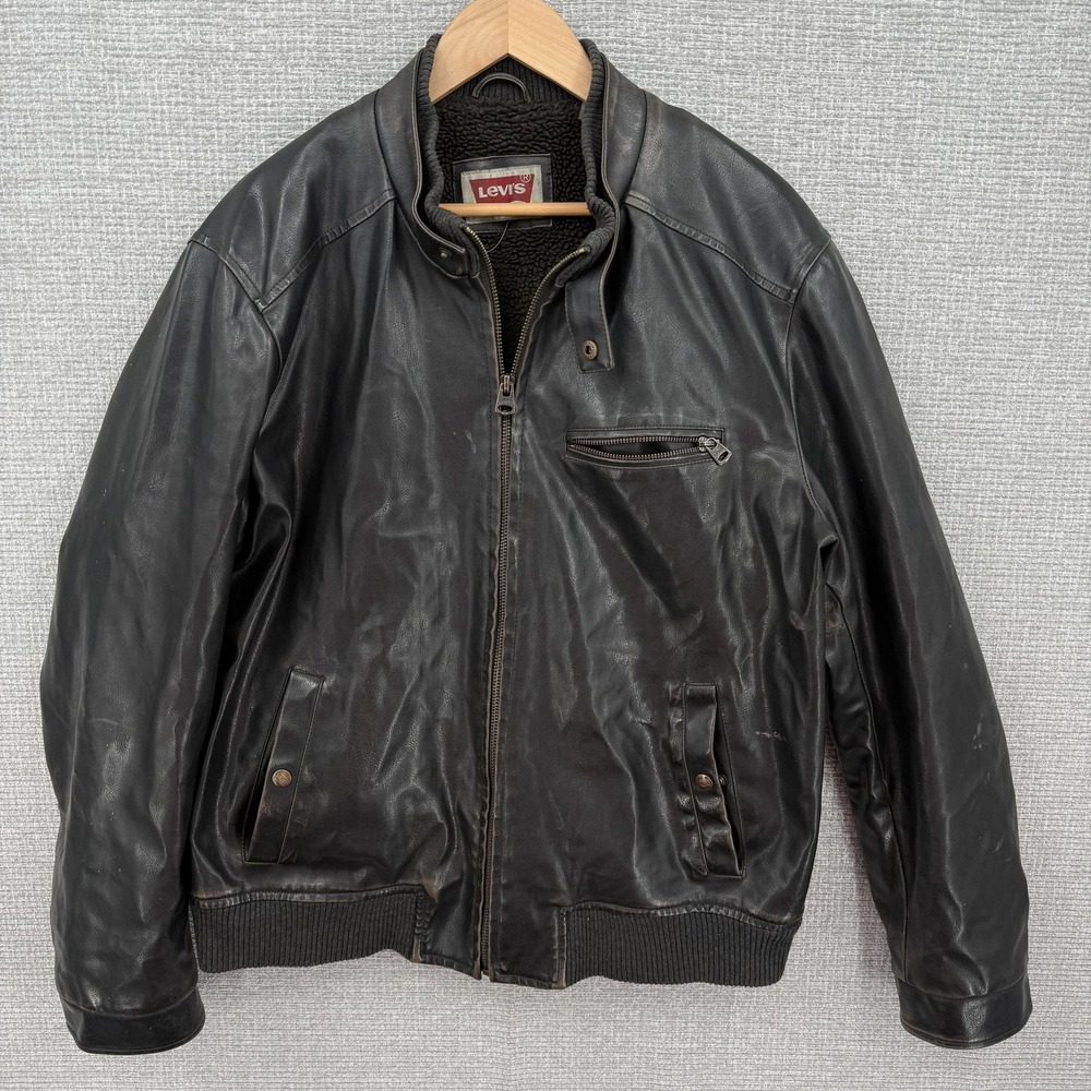Levis Jacket Mens Large Brown Faux Leather Bomber Sherpa Lined Zip Pockets